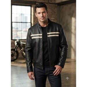 Point Zero PX Men's Black Faux Leather Moto Racing Jacket Stripe Detail